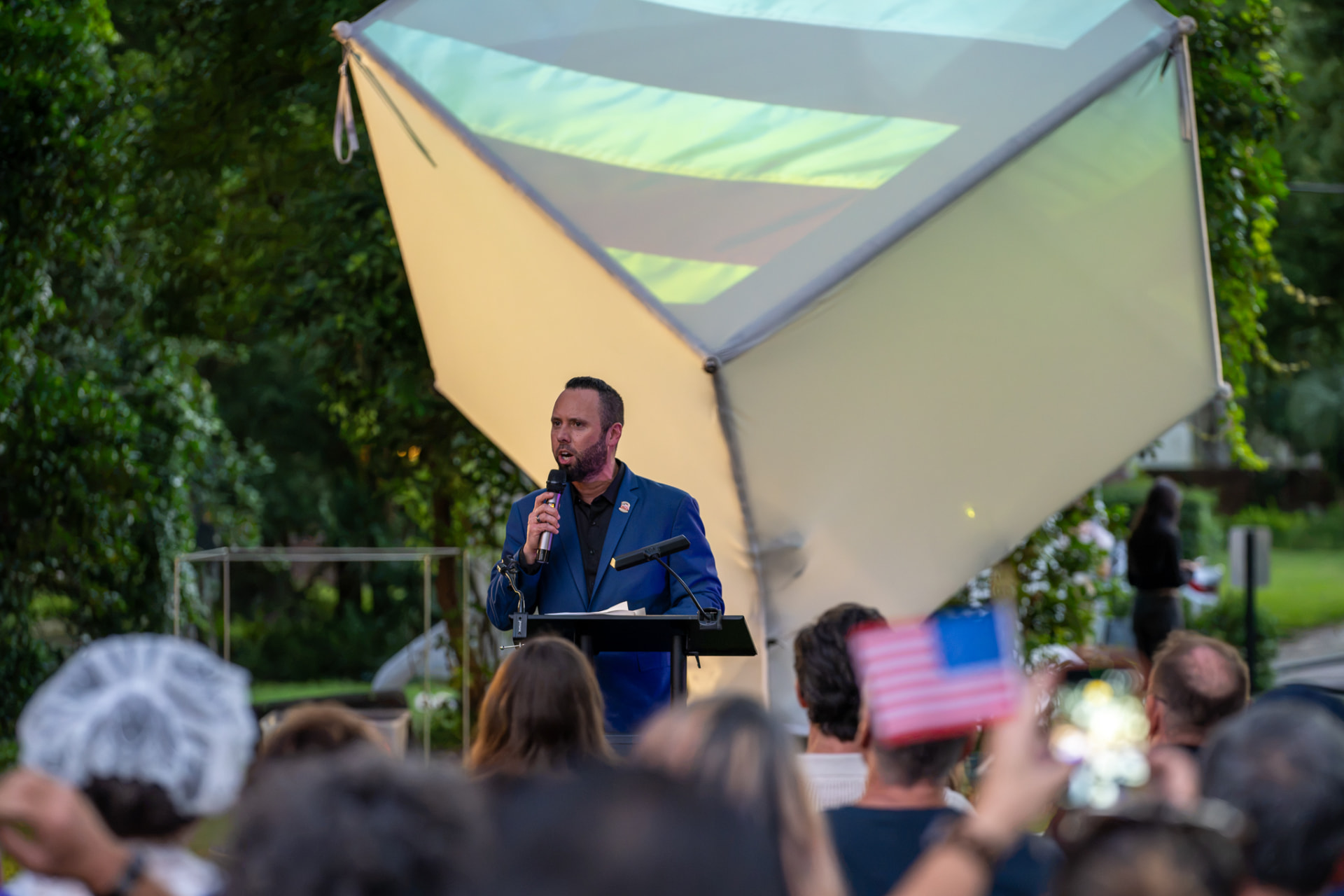 Austin Arthur addressing the crowd at Rise Up: America 250 in Motion in Windermere