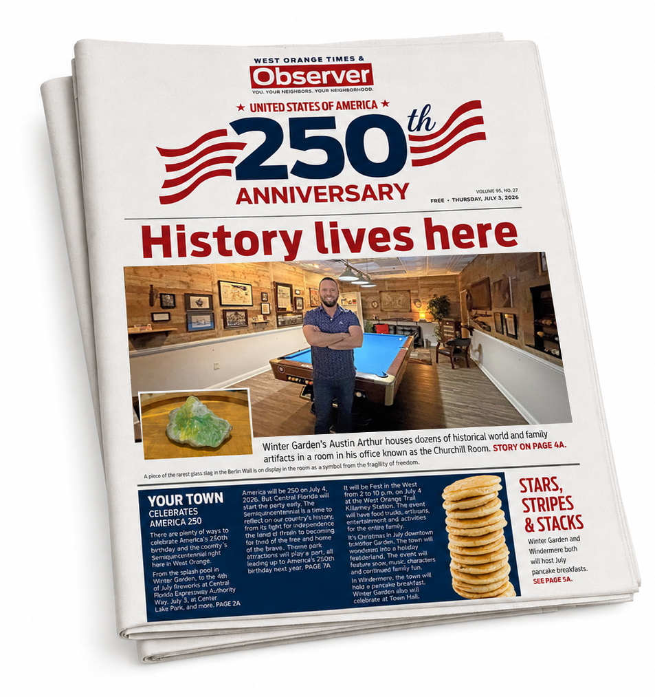 West Orange Times & Observer front page — America 250: History lives here, July 2026