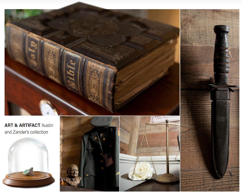 Art and artifacts in the Churchill Room: a family Bible, a World War II combat knife, a military uniform with a bust of Winston Churchill, and a brass scale