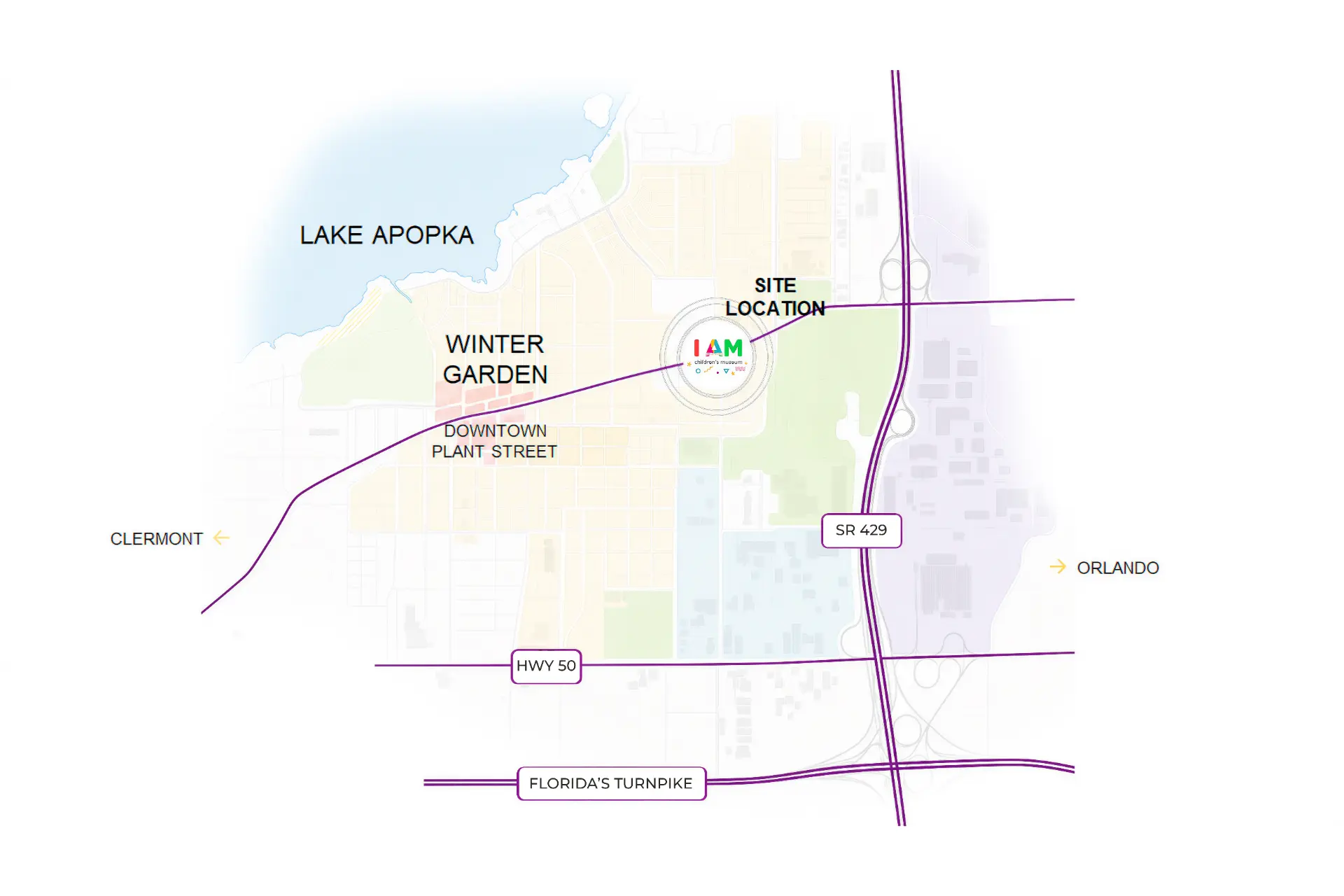 Location map for the I AM Children's Museum site in Winter Garden, West Orange County, Florida, near SR 429 and downtown Plant Street